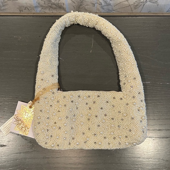 NWT Elegant Pearl & Rhinestone Beaded Cream Shoulder Bag - Made in India - Picture 1 of 16